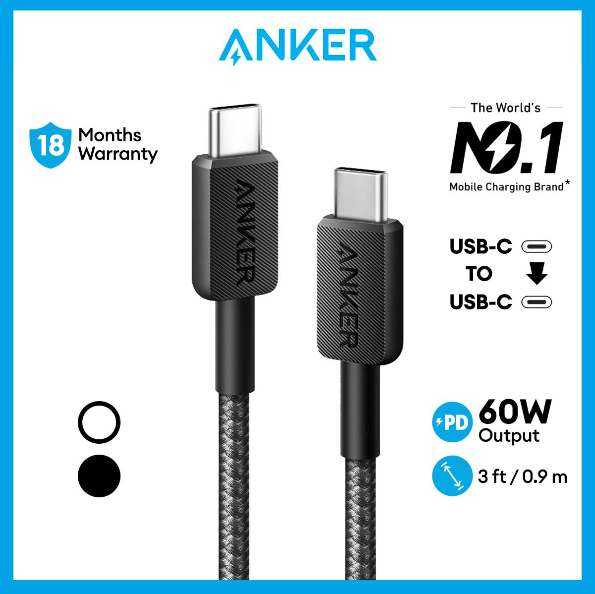 Anker 322 PowerLine USB C to USB C Cable Braided Nylon Cable 3ft/0.9m 60W Type C To C Fast Charging Cable For Phones, Tablets, Laptops and more(A81F5)