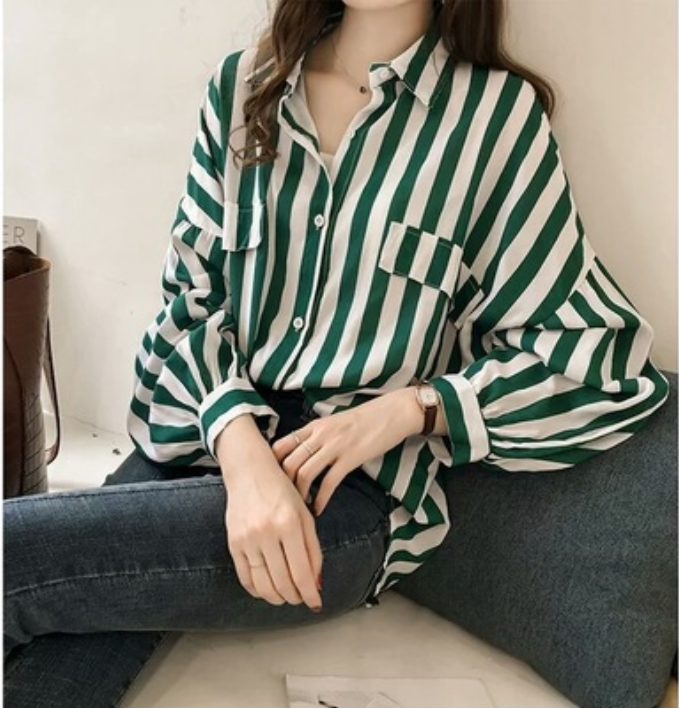 EDQRDQ Women's Fashion Plus Size Blouse Green Stripe Loose Long Sleeve Shirts Tops
