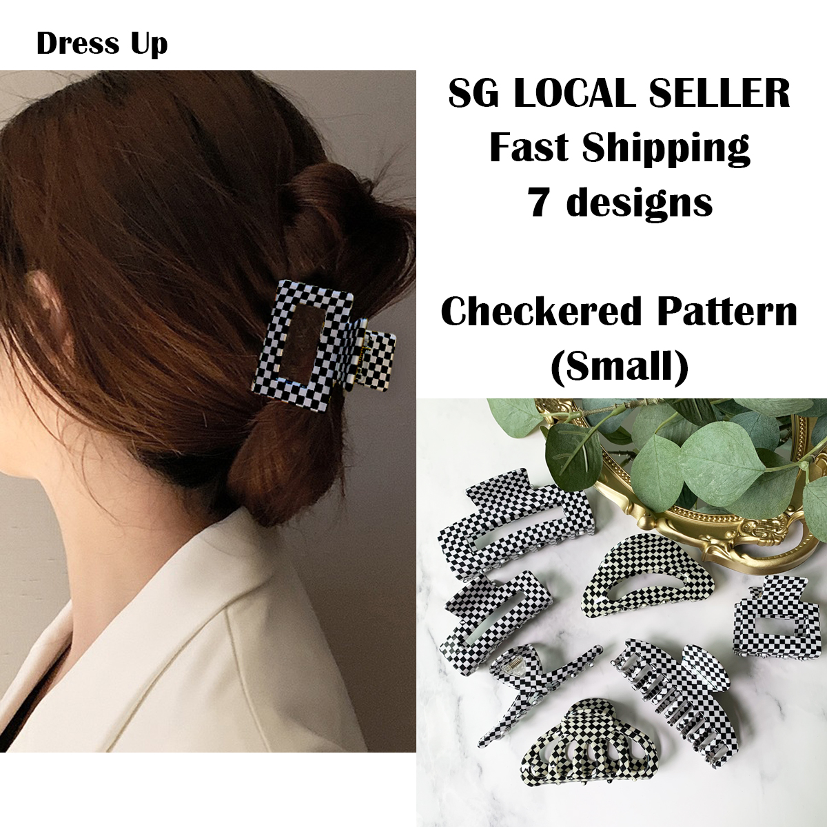 [SG | NEW] Gingham Pattern (Small) Acetate Fiber Big and Medium hair Claw Hair Clip, Trending Checkered Pattern Cool Girl Hair Claw