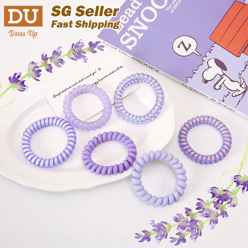[SG?Lavender Violet Lover] 4pc 8pc 5cm Shining & Matte Purple Plastic Teleties Band Ponytail Holder, Telephone Wire Cord Spiral Head Ties Hair Band Hair Ring Hair Ties, Ideal Size to Wear as Bracelet