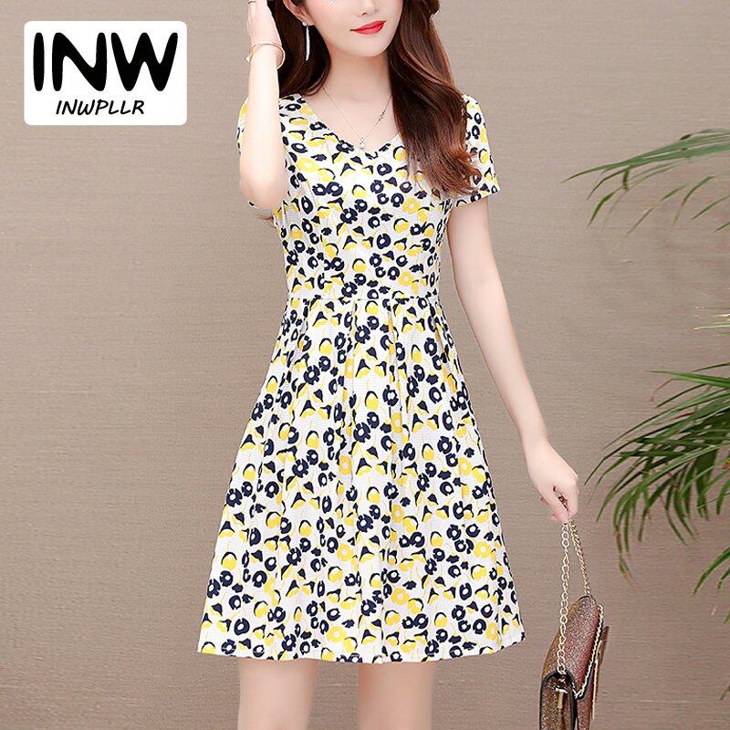 INWPLLR Women Floral Dress Korean Peplum Slim Dresses Fashion Short Sleeve V-Neck A-Line Dress Lady Printed Dresses Plus Size