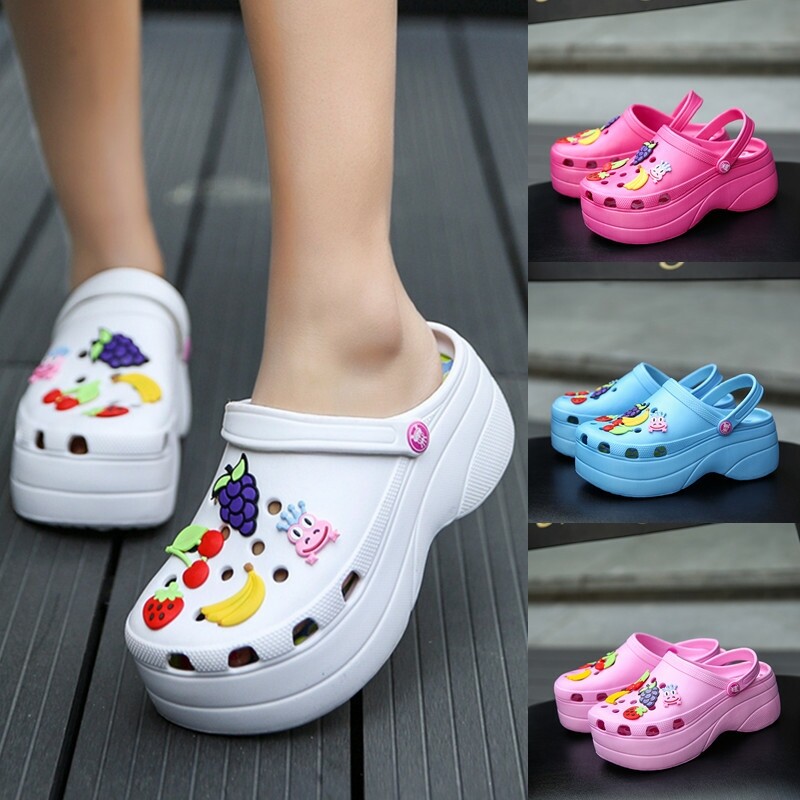 Summer Women Croc Clogs Platform Garden Sandals Cartoon Fruit Slippers Slip On For Girl Beach Shoes Fashion Slides Outdoor