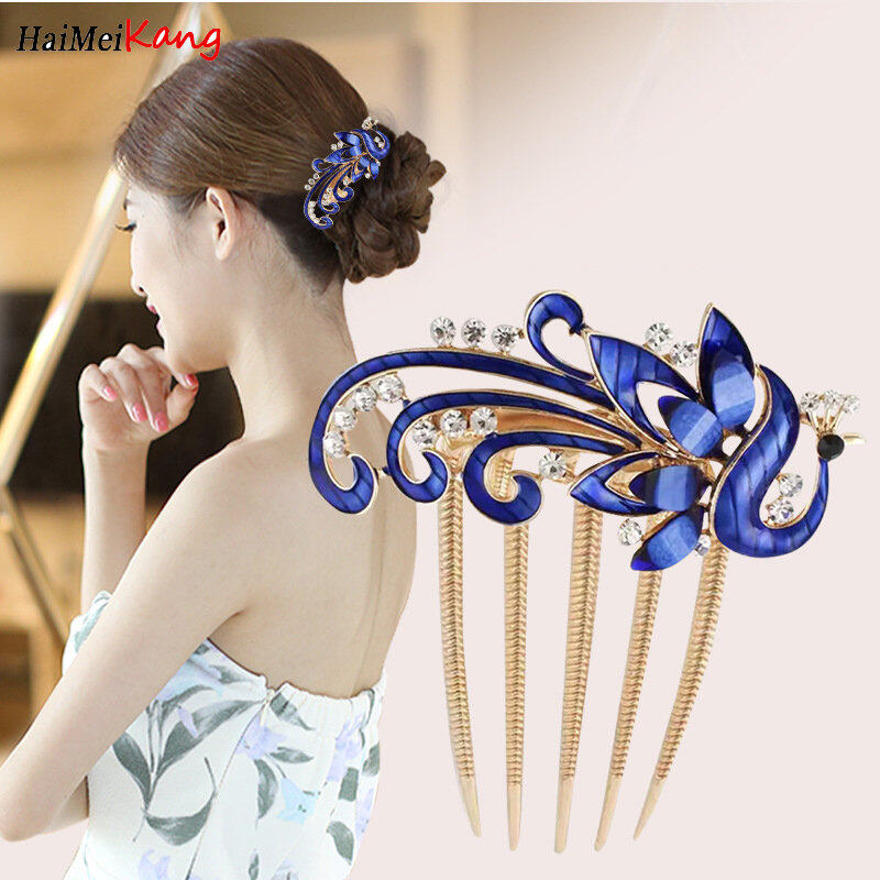 1pc Korean Rhine-drill Metal Hair Comb Decorated Peacock Retro Hair Clip Elegant Temperament Women Hair Accessories
