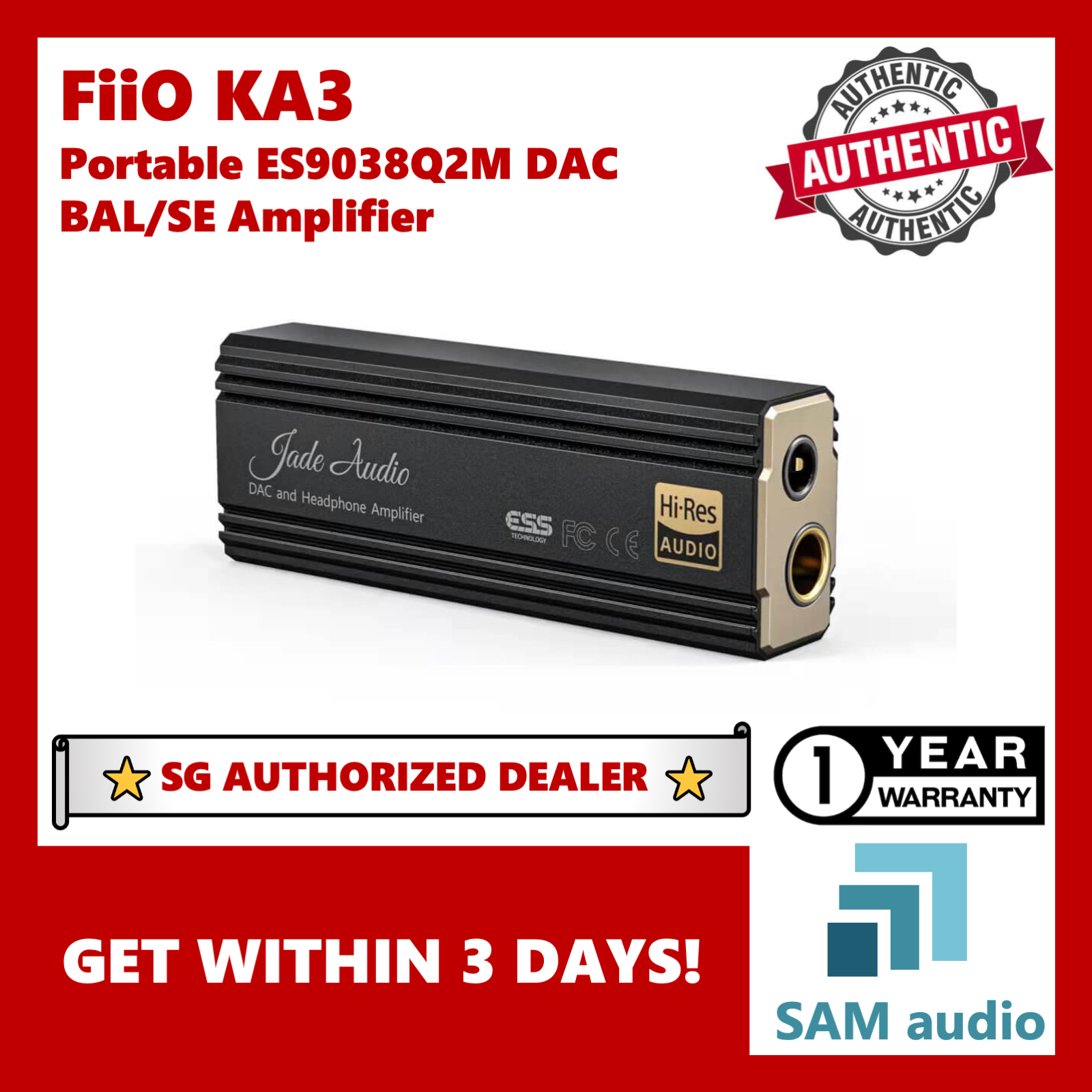 [?SG] Fiio KA3, Portable ES9038Q2M DAC + Headphone Amplifier, 3.5mm SE / 4.4mm BAL, Hifi Audio