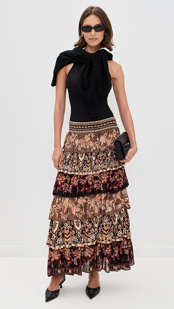 Mixed Scarves Ruffled Maxi Skirt