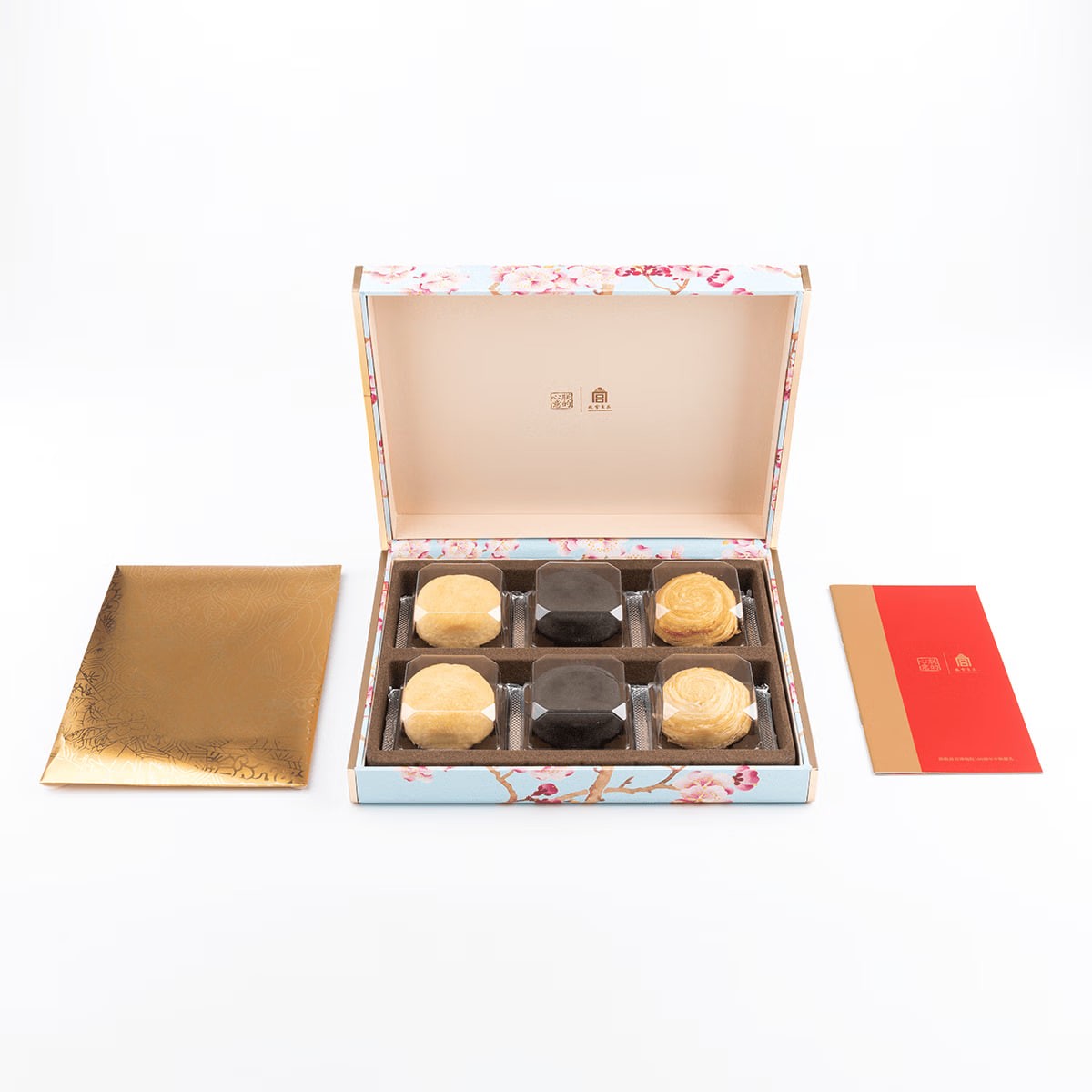 utumn Festival gift box with 6 Forbidden City silk scarves and rose-flavored ham mooncakes