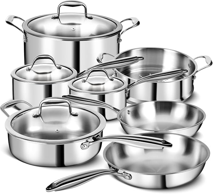 3-layer stainless steel 11-piece cookware set with lids, pots and pans, non-toxic, induction cooktop, oven, dishwasher safe, professional chef quality